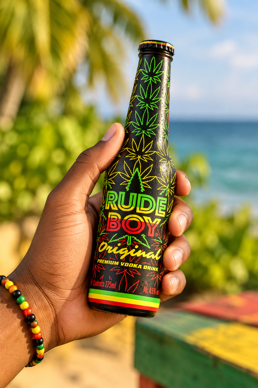 Hand holding a Rude Boy Original bottle outdoors, showing its size and colorful front label.