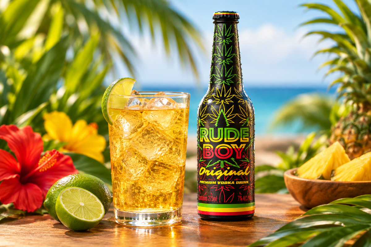 Rude Boy Original bottle beside a glass of golden-colored drink with ice and lime in a tropical setting.